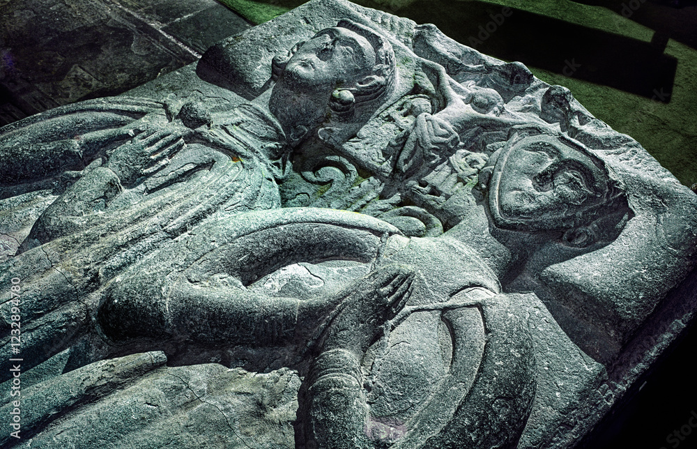 14 C carved stone tomb of Walter and Christine Aubrey in the Havard Chapel of Brecon Cathedral, Powys, Wales, UK