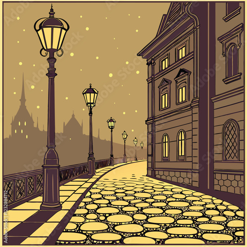 Romantic Streetlights Casting a Warm Glow Along a Quiet Cobblestone Path at Night