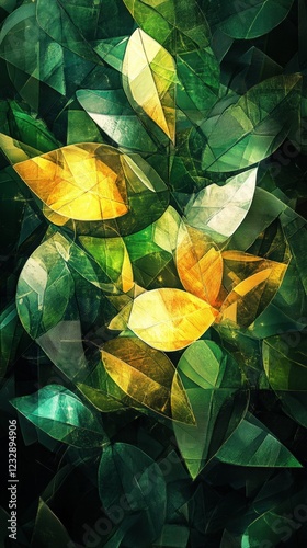 Abstract Golden and Green Leaves: Nature's Geometric Harmony.