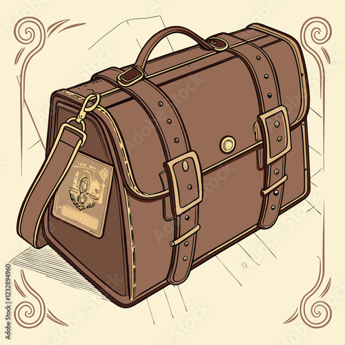 Vintage Leather Travel Bag with Classic Buckles and a Passport Peeking Out
