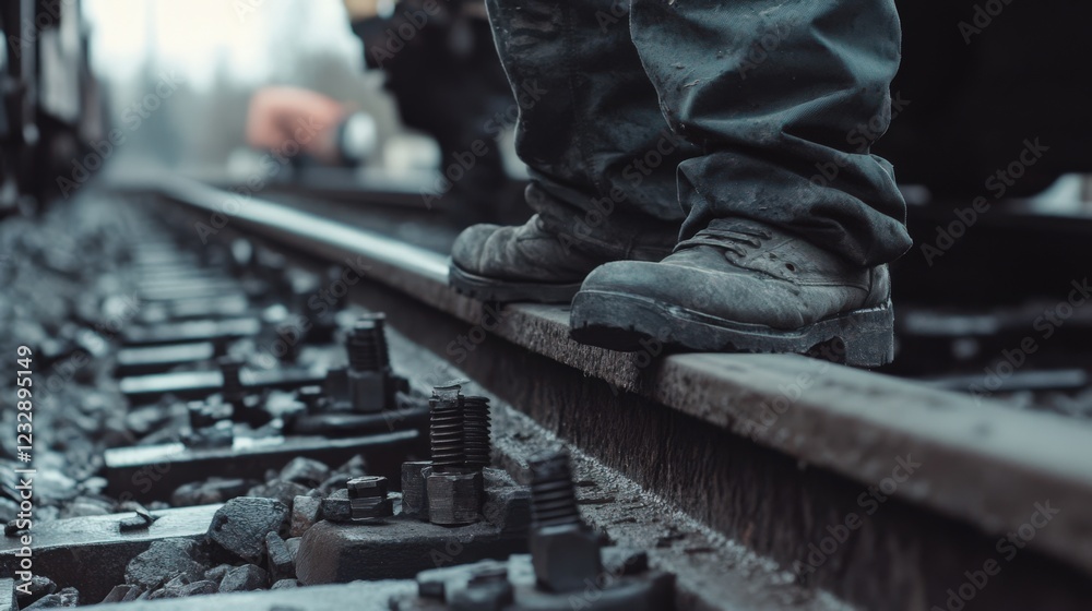 Obraz premium A man in a pair of black work boots stands on a railroad track