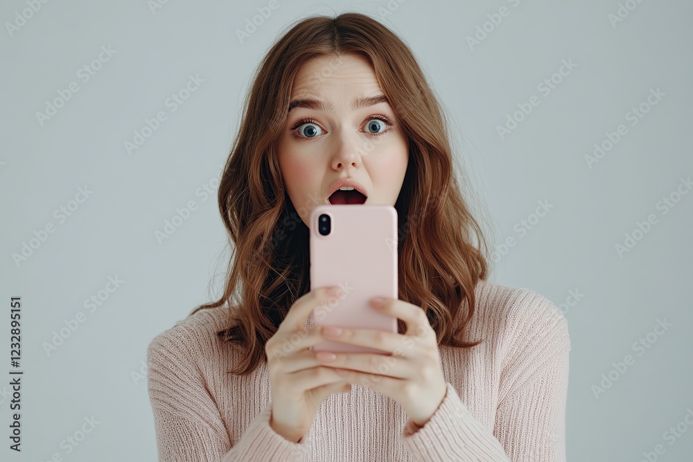 Young woman using smartphone with surprised expressions