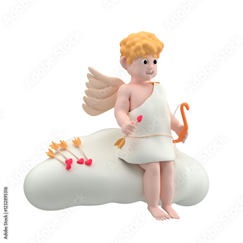Cupid character sitting on a white cloud holding a bow and arrow, 3d render