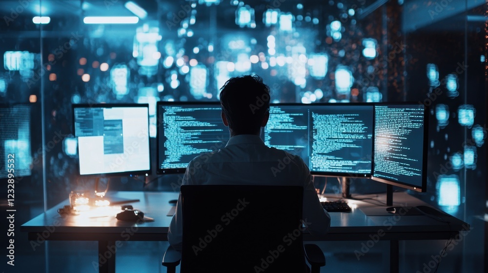 Focused Programmer Working Late at Night in Modern Workspace Focused Programmer Working Late at Night in Modern Workspace