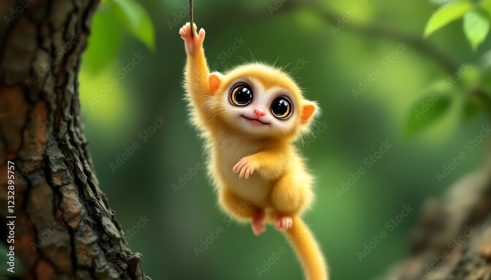 Fototapeta premium Adorable Baby Lemur Hanging on Branch Digital Art