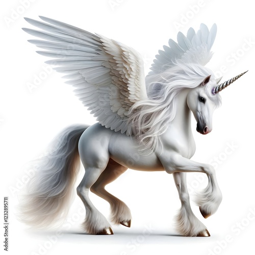 unicorn Pegasus horse white winged with horn and wings, isolated on white photo