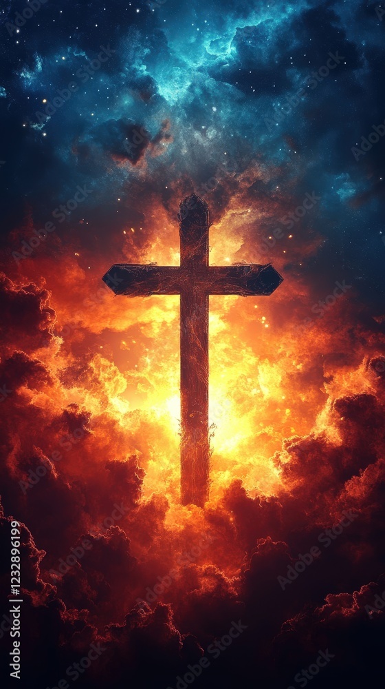 Celestial Cross: Divine Light in Fiery Heavens. Celestial Cross: Divine Light in Fiery Heavens.