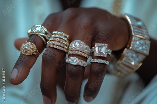 Hip-hop artist’s hand adorned with bold, diamond-studded rings in soft focus