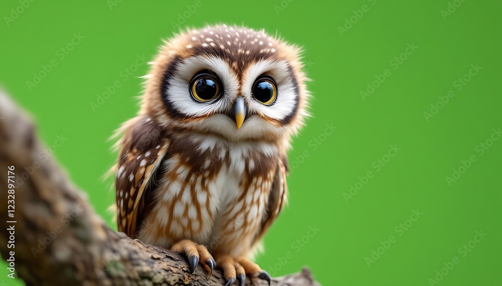 Fototapeta premium Adorable Baby Owl Perched on Branch Green Background