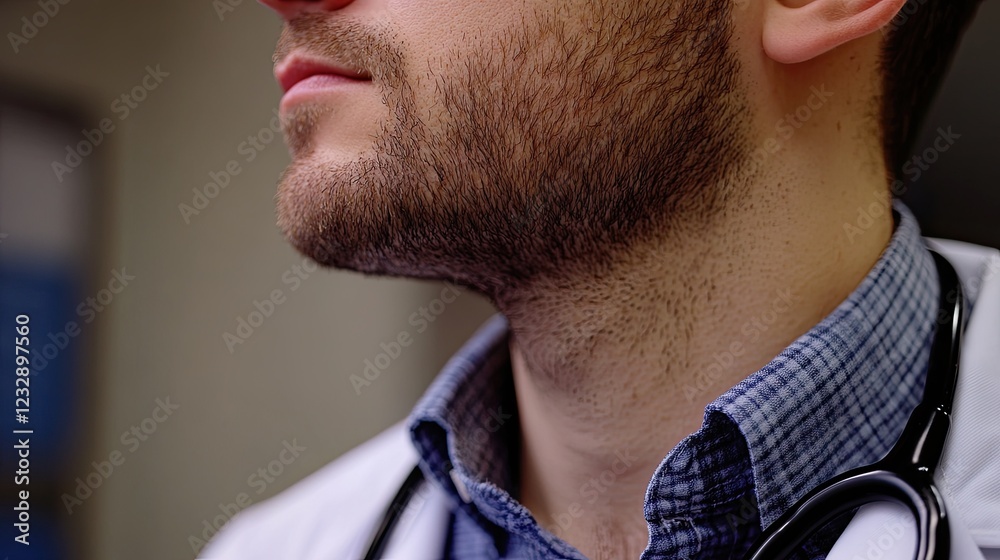 Fototapeta premium Young Male Doctor With Short Beard Wearing a Lab Coat
