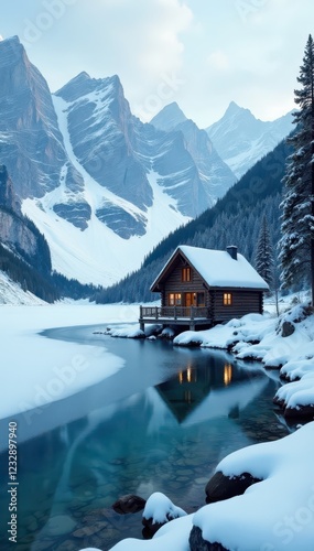 Frozen lake in front of a wooden cabin in the mountains, ice, icy
