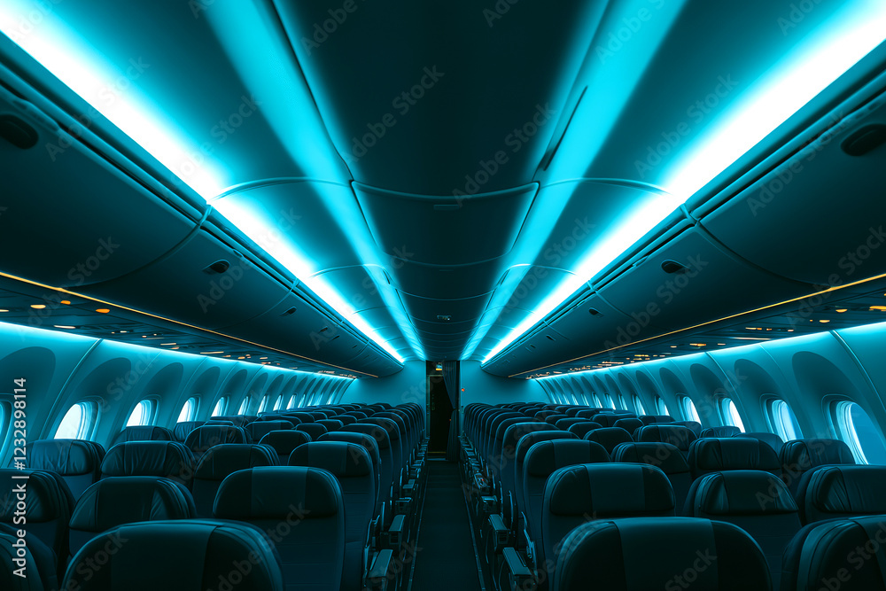 Fototapeta premium Modern Airplane Interior Cabin with Ambient Blue Lighting, Empty Passenger civil aircraft Cabin with rows of Comfortable seats and Overhead Storage, Copy space, Travel Agency Advertisement