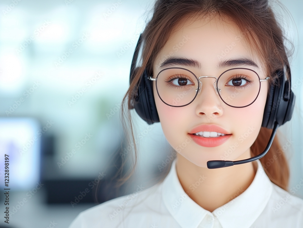 Young friendly operator woman agent with headsets working in a call centre. Young friendly operator woman agent with headsets working in a call centre.