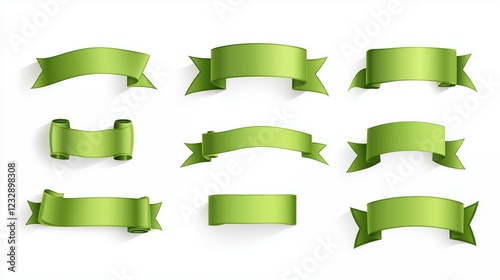 Set of green ribbon labels on a white background.