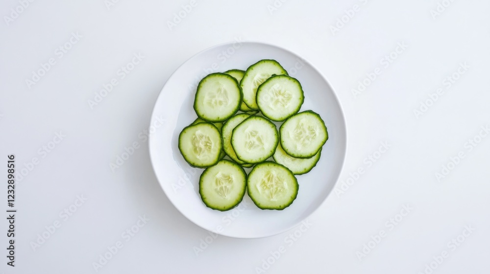 A simple plate of fresh cucumber slices, neatly arranged in a simple pattern on a plain white ceramic plate, Cucumber slices centered A simple plate of fresh cucumber slices, neatly arranged in a simple pattern on a plain white ceramic plate, Cucumber slices centered
