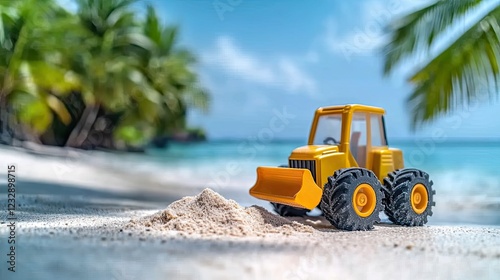 Scenic view of Toy yellow bulldozer is pushing sand on a sunny beach 