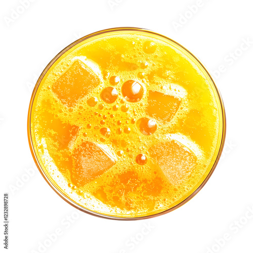 Glass of cold orange juice with ice and bubble top view isolated on transparent white background, clipping path. 