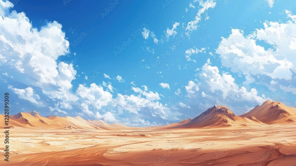 Naklejka premium Expansive Desert Landscape Under Bright Blue Sky with Dramatic Clouds