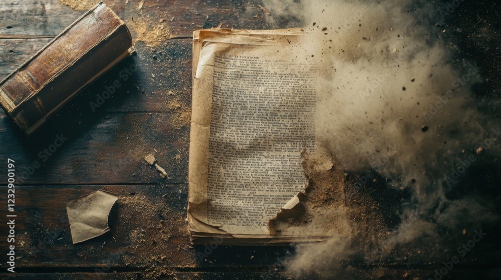 Old Book with Torn Page Surrounded by Dust and Debris on Wooden Table Old Book with Torn Page Surrounded by Dust and Debris on Wooden Table