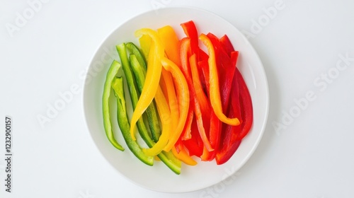 A simple plate of fresh cut bell pepper strips in a variety of colors, neatly arranged in a simple pattern on a plain white ceramic plate, Pepper strips centered photo