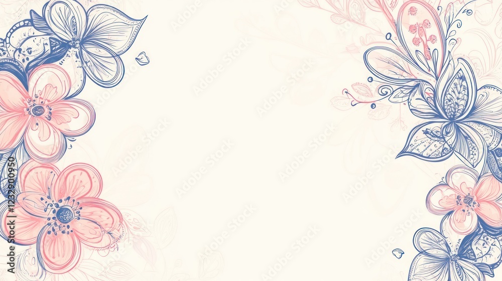 Elegant floral frame with pastel pink and blue flowers on white background. Elegant floral frame with pastel pink and blue flowers on white background.