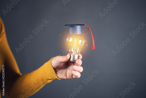 light blub with graduation cap on hand woman photo