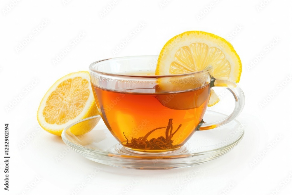 Glass cup of tea with a lemon slice, along with a half lemon, isolated on white background Glass cup of tea with a lemon slice, along with a half lemon, isolated on white background