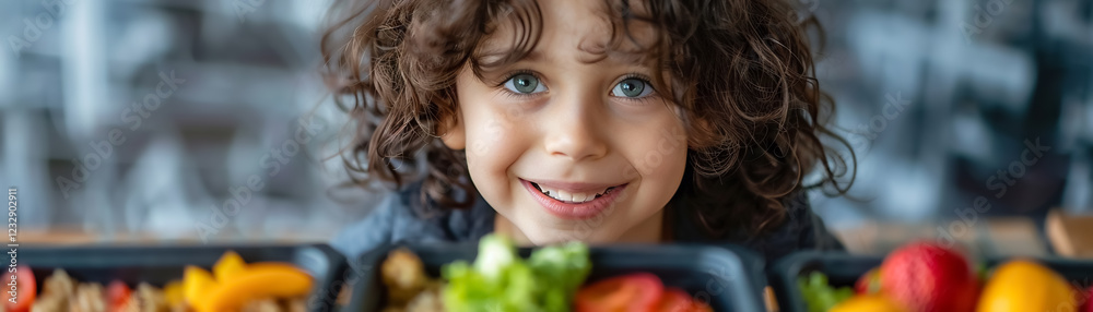 Allergy friendly school lunch with smiling child enjoying healthy food options. Colorful fruits and vegetables are presented in lunch boxes, promoting nutritious eating habits Allergy friendly school lunch with smiling child enjoying healthy food options. Colorful fruits and vegetables are presented in lunch boxes, promoting nutritious eating habits