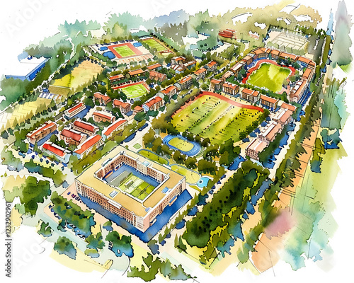 Aerial view of large sports complex featuring multiple fields, courts, and buildings surrounded by greenery. layout showcases various athletic facilities and open spaces