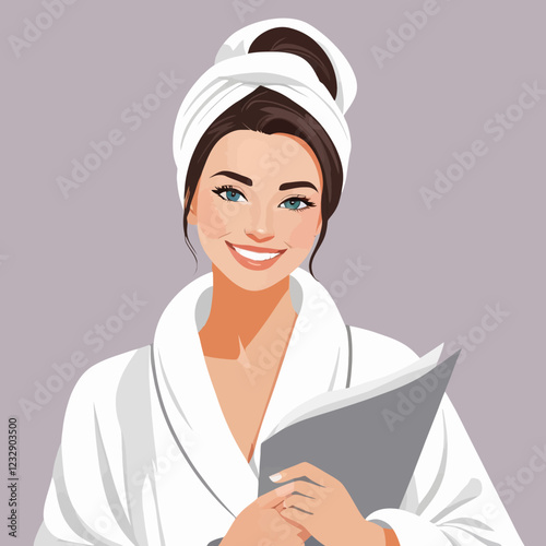 Smiling woman in bathrobe and towel on head holding spa center certificate. Happy female use beauty salon voucher for skincare procedures. Vector illustration.