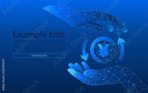 Abstract yuan currency money exchange. Two hands holding digital coin with circular arrows. Cash back metaphor. Money transfer or refund. Low poly vector illustration.