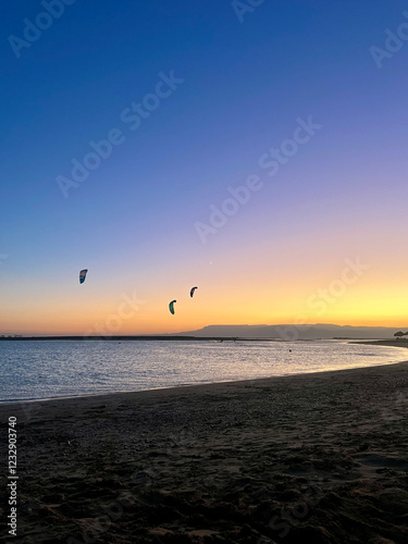 Kites soar above tranquil waters during sunset at the beach.  Silhouette of a kite surfer kiting on sunset with the moon view in the background in Egypt.