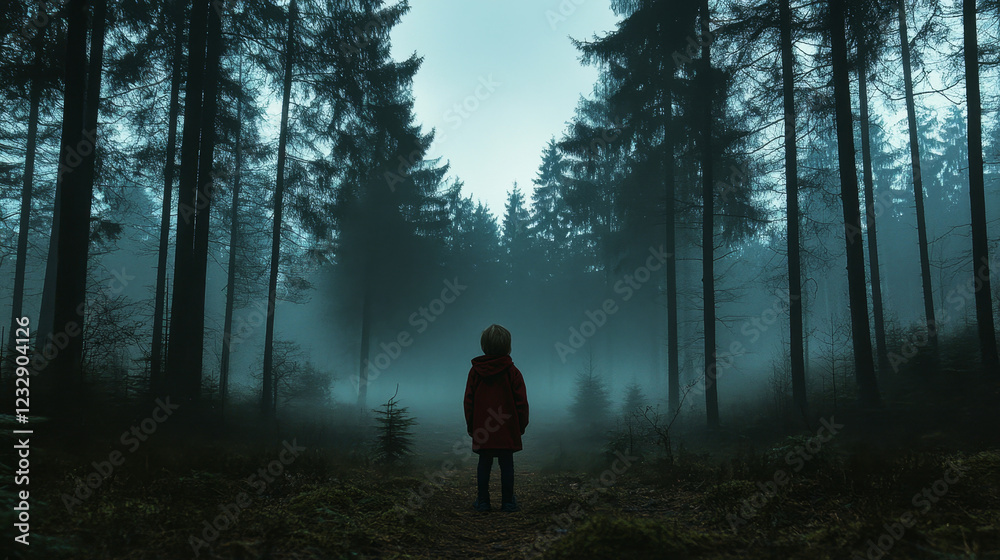 Child exploring a misty dark pine forest, lost in thought and wonder Child exploring a misty dark pine forest, lost in thought and wonder