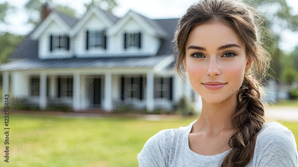 Young Woman Smiling Near Suburban Home