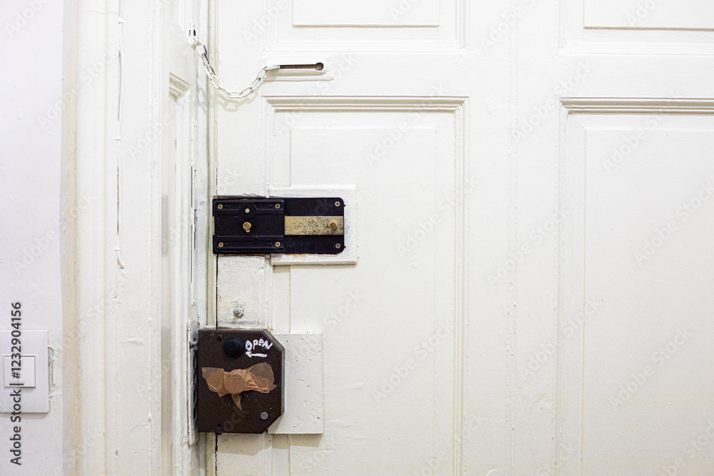 old white door to a living space that closes from the inside with various locks old white door to a living space that closes from the inside with various locks