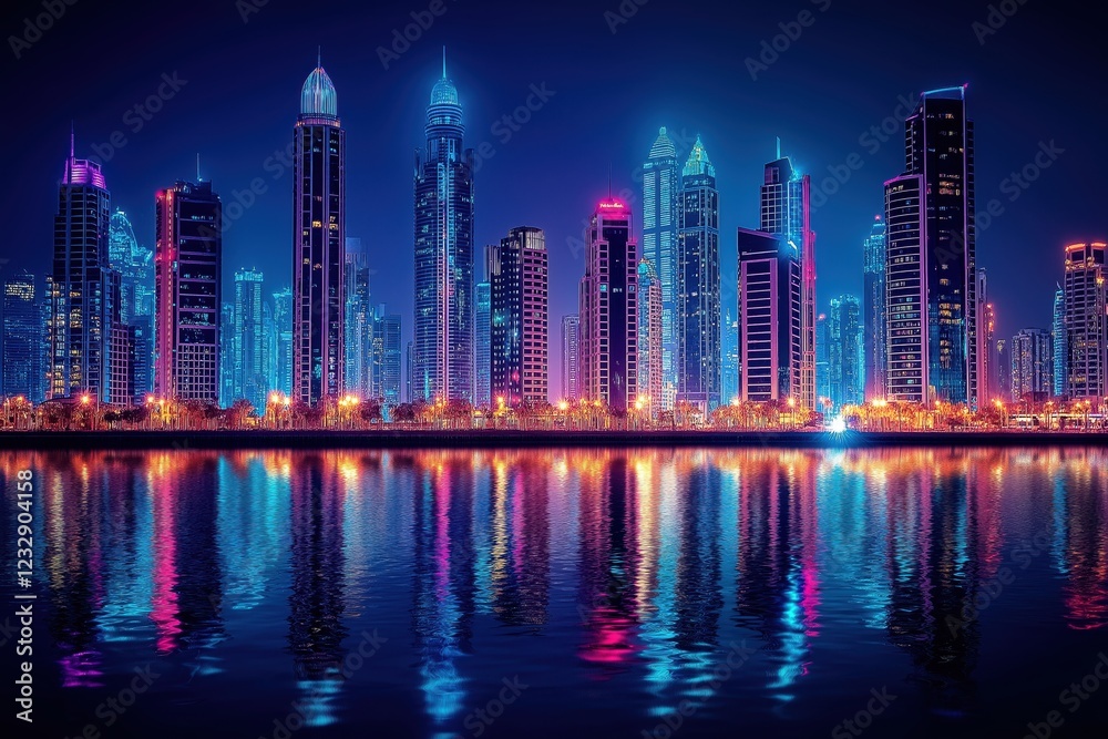 Fototapeta premium Nighttime Cityscape: Towering Skyscrapers Reflecting on Tranquil Water