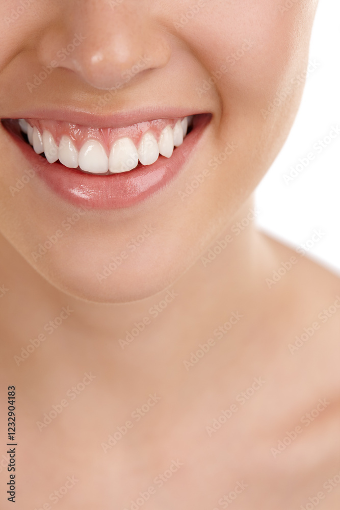 Obraz premium Woman, mouth and dental closeup in studio, teeth and cosmetic veneers on white background. Female person, orthodontics pride and whitening treatment for self care, oral hygiene and enamel protection