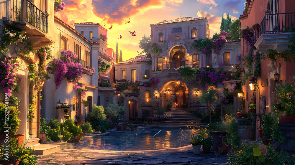 Fototapeta premium A Mystical Urban Fusion of Modern Elegance and Ancient Charm in Eluxoroma - Exploring Vivid Landscapes Under Sunset