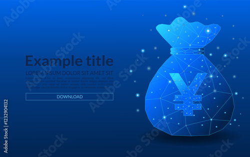 Saving or financial gain concept in yuan. Money bag in yuan currency in low poly style. Finance vector illustration on blue technology background.