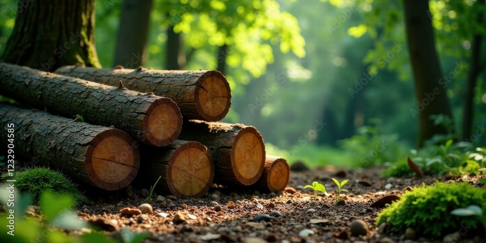 Sunlight Dappled Forest Floor with Stacked Logs, Newly Sprouting Plants, and Soft Moss