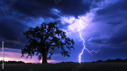 Lightning strikes massive oak tree under stormy sky at night photo