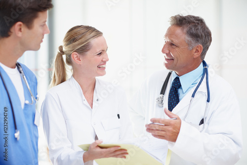Doctors, grant approval and files with people in hospital for patient treatment plan, consulting and team. Cure success, medical intern and nurse with men and woman in clinic for blood test results
