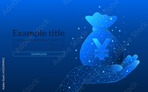 Savings or financial gains concept in yuan. 3D man hands holding a bag of yuan in low poly style. Finance vector illustration on blue technology background.