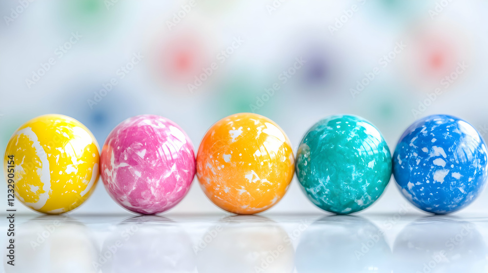 Colorful Easter eggs in a row, blurred background, spring celebration, holiday card Colorful Easter eggs in a row, blurred background, spring celebration, holiday card