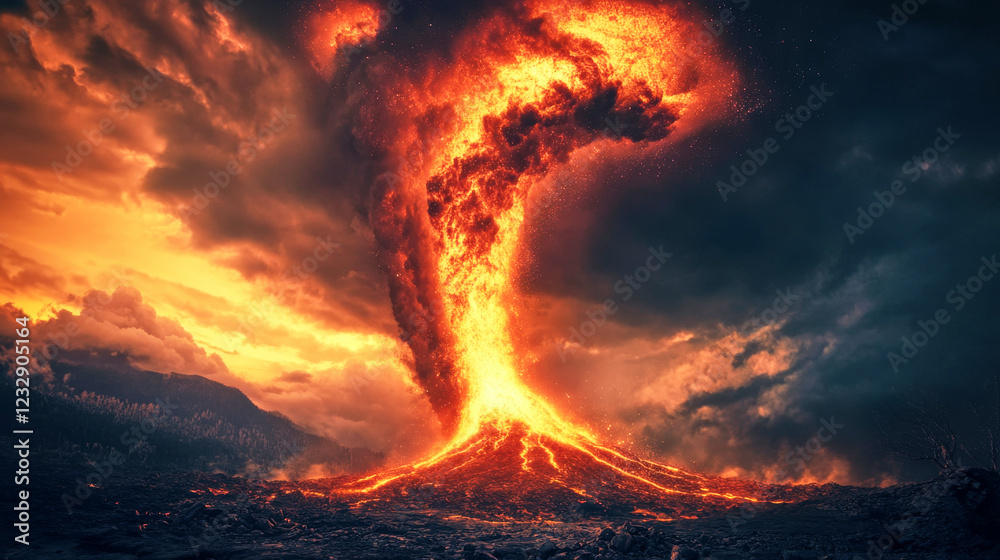 Fire tornado emerges from erupting volcano during powerful natural disaster event Fire tornado emerges from erupting volcano during powerful natural disaster event