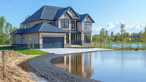 New luxury home by lake undergoing landscaping photo