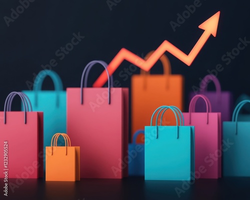 Colorful shopping bags with a rising graph, illustrating growth in retail sales and consumer spending for business concepts. photo