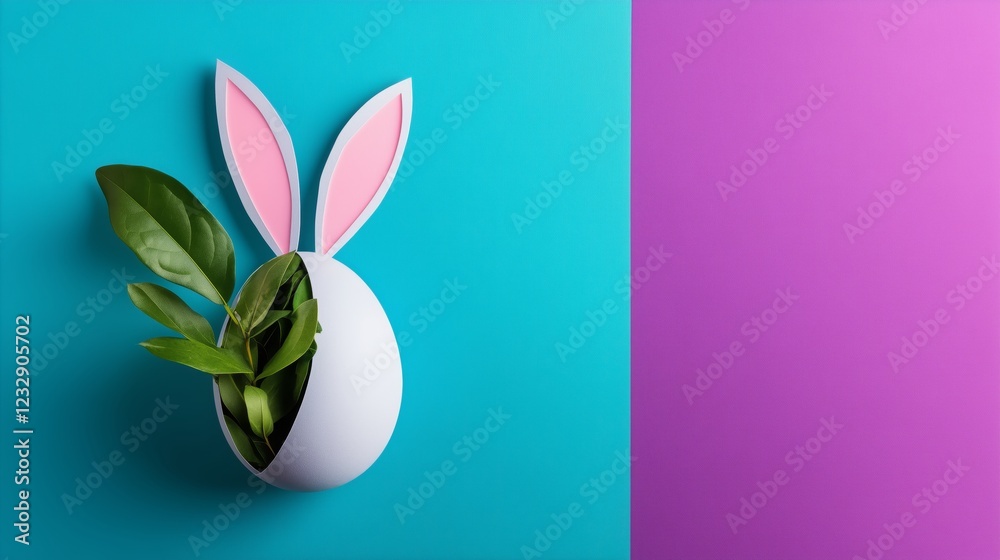 Paper-cut Easter egg with bunny ears design with real green leaves, set on blue and purple background. Paper-cut Easter egg with bunny ears design with real green leaves, set on blue and purple background.