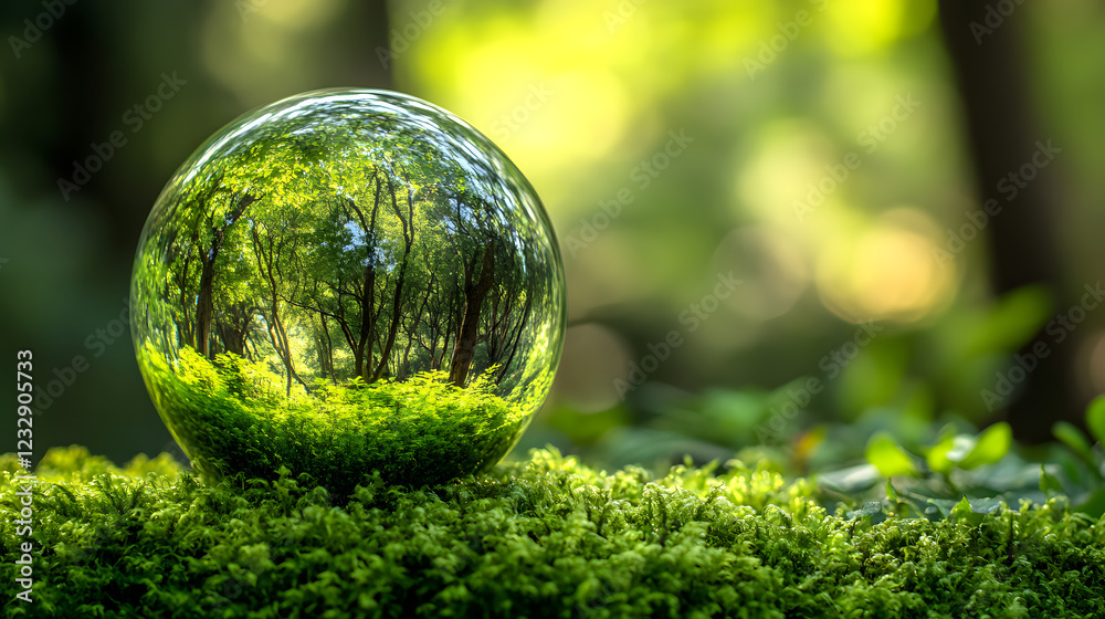 Moss-Covered Sphere Signifying Sustainable Environmental Practices and Eco-Conscious Financial Strategies Against a Natural Backdrop