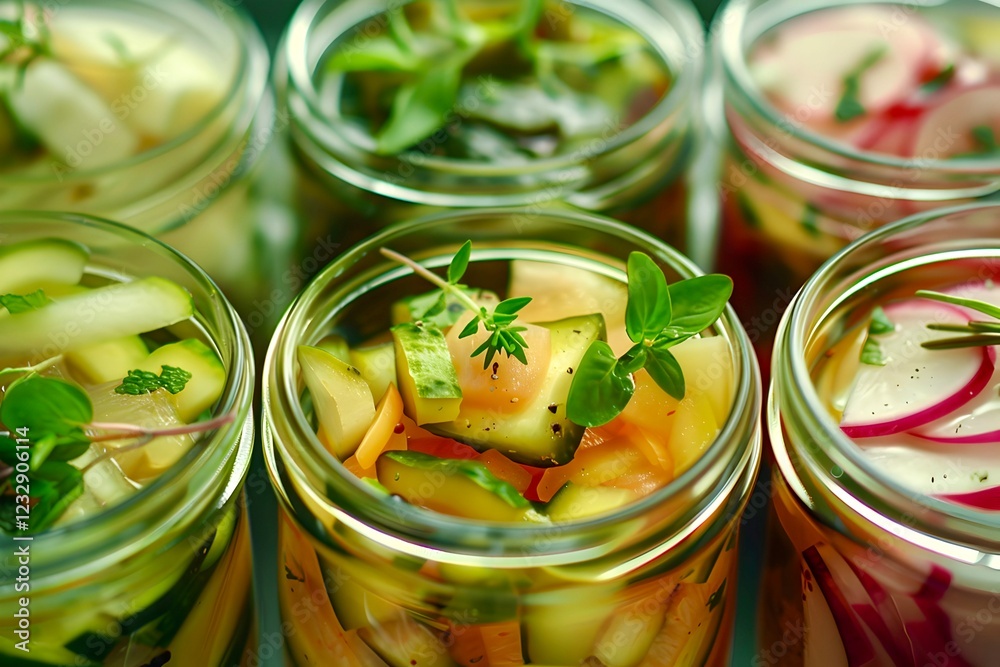 Close-up view of mason jars filled with freshly prepared pickled vegetables, including cucumbers, onions, and herbs, showcasing vibrant colors and spices in the jar. Close-up view of mason jars filled with freshly prepared pickled vegetables, including cucumbers, onions, and herbs, showcasing vibrant colors and spices in the jar.